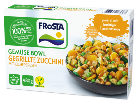 Eine Box FRoSTA Gemüse Bowl Zucchini: gegrillte Zucchini und Kichererbsen in Tomatensauce, vegan, 480g – auf der Verpackung abgebildet.