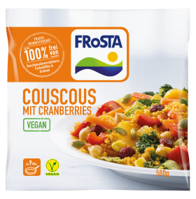 Eine Packung FRoSTA Couscous mit Cranberries: vegan, mit Gemüse, Cranberries & Kernen. 500g, fertig in 9 Min. – lecker und frisch von FRoSTA!.