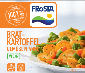 Eine Packung FRoSTA Bratkartoffel Gemüsepfanne, vegan, mit Kartoffeln, Karotten, Brokkoli & Kräutern. 100 % ohne Zusatzstoffe. 500g.