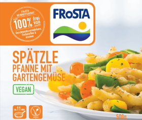 Verpackung für FRoSTA Spätzle Pfanne mit Gartengemüse: Vegane 500g FRoSTA-Tiefkühlprodukt, ohne Zusätze, bunte Spätzle und Gemüse.