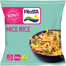 Eine Packung FRoSTA Nice Rice: Reis mit Gemüse, perfekt zu Nom Nom Nudeln. Hellblau, vegan, 500g, ohne Zusätze.