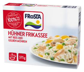 Eine Schachtel FRoSTA Hühnerfrikassee mit Reis, Karotten, Erbsen und Champignons in weißer FRoSTA-Verpackung mit Serviervorschlag.
