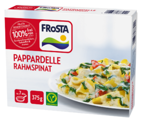 Eine Packung FRoSTA Pappardelle Rahmspinat Tiefkühlgericht: breite Nudeln in cremiger Spinatsauce. Vegetarisch, ohne Zusatzstoffe. 375 g, fertig in 7 Min.