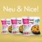Drei FRoSTA Tiefkühlprodukte – Nom Nom Noodles, Yummy Tummy Soup Ramen Style und Nice Rice Korean Style – auf gelbem Grund, neu & nice!.