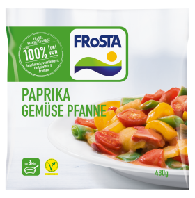 Eine Packung FRoSTA Paprika Gemüse Pfanne: gekochtes Gemüse wie Paprika, Bohnen, Tomaten. Ohne Zusatzstoffe, 480g, nicht für den Produktfriedhof.