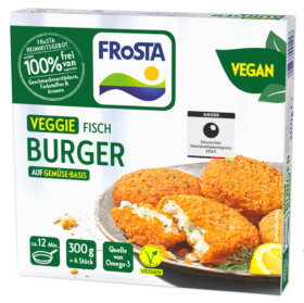 FRoSTA Veggie Fischburger Box, vegan: Vier knusprige FRoSTA Fish-Style-Patties mit weißer Füllung, Zutaten & Nährwerte sichtbar.