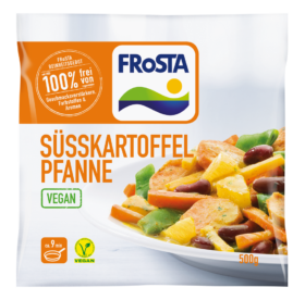 Eine Packung FRoSTA Tiefkühl-Süßkartoffel-Pfanne mit Süßkartoffeln, grünen Bohnen und Kidneybohnen, vegan, 500g.
