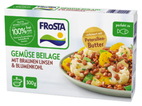 Eine Dose FRoSTA Gemüse Beilage: braune Linsen, Blumenkohl, Petersilienbutter, 300g, in 8 Min. Fertig, keine Zusätze, mit Fisch-Icon.