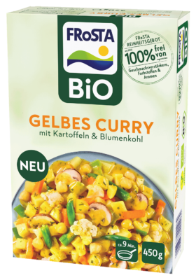 Eine Packung FRoSTA Bio Gelbes Curry mit Kartoffeln und Blumenkohl, 450g, ohne Zusätze – bio und auf der Verpackung deutlich hervorgehoben.