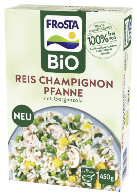 Eine Schachtel FRoSTA Bio Champignon Pfanne mit Gorgonzola – Reis, Champignons, Mais, Erbsen, Kräuter; bio, ohne Zusatzstoffe. 450g Packung.