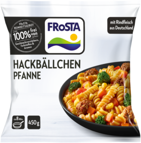 Eine Packung FRoSTA Hackbällchen Pfanne zeigt Nudeln, Frikadellen, Brokkoli, Karotten & Erbsen. 100 % natürliche Zutaten, 450 g – purer FRoSTA-Genuss!.