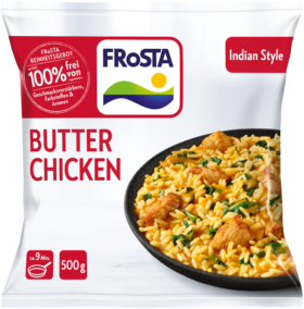 Eine weiße FRoSTA Butter Chicken Packung (Indian Style) zeigt gelben Reis mit zartem Hühnerfleisch, Kräutern, 500g, Kochzeit ca. 9 Min.