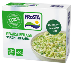 Eine Schachtel FRoSTA Gemüse Beilage Wirsing in Rahm, cremige Wirsing auf der Vorderseite, grün-weiße 400g-Packung, ohne Zusatzstoffe, Wirsing aus deutscher Produktion.