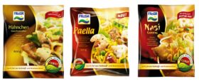 Drei FRoSTA Tiefkühlprodukte – Chicken Pieces, Paella und Nasi Goreng – bieten Qualität, Frische und Geschmack mit dem FRoSTA-Logo.