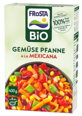 Eine Packung FRoSTA Bio Gemüse Pfanne Mexicana: vegan, 100% natürliche Zutaten, Bio, 8 Min. Kochzeit, 430g.