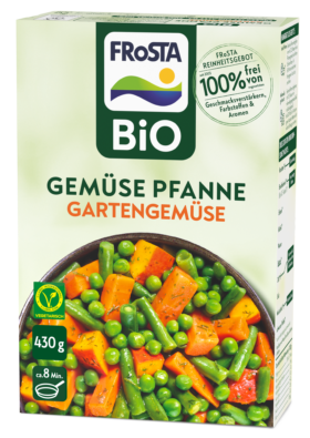 Eine Packung FRoSTA Bio Gemüse Pfanne Gartengemüse: 430g Bio-Tiefkühlprodukt, vegetarisch, in 8 Min. fertig – ideal für ein schnelles Gericht.