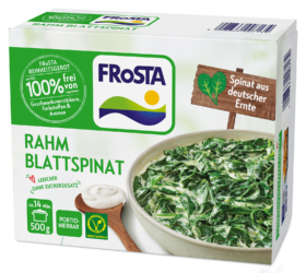 Eine Schachtel FRoSTA Rahm Blattspinat mit grün-weißer Verpackung, natürlichen Zutaten, deutscher Ernte – genießen Sie authentischen FRoSTA Spinatgeschmack.