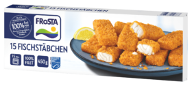 Eine Packung FRoSTA Fischstäbchen 15 Stück zeigt goldene Fischstäbchen mit Zitrone auf einem Teller sowie alle FRoSTA Produktdetails.
