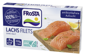 Eine Packung FRoSTA Tiefkühlprodukte zeigt zwei rohe Lachsfilets mit Kräutern und Zitrone, „ohne Antibiotika“ und „ASC zertifiziert“.