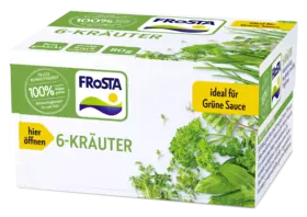 Eine Schachtel FRoSTA 6-Kräuter mit frischen Kräutern, grünem Etikett „ideal für Grüne Sauce“ und klaren FRoSTA 6-Kräuter-Infos vorn.