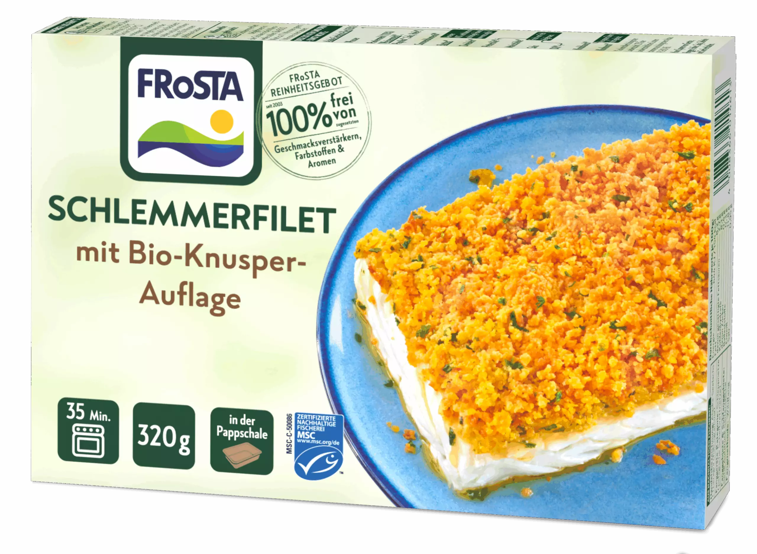A FRoSTA Schlemmerfilet mit Bio-Knusper-Auflage Packung, gebackenes Fischfilet mit Kräuterkruste auf blauem Teller, Box zeigt Infos.