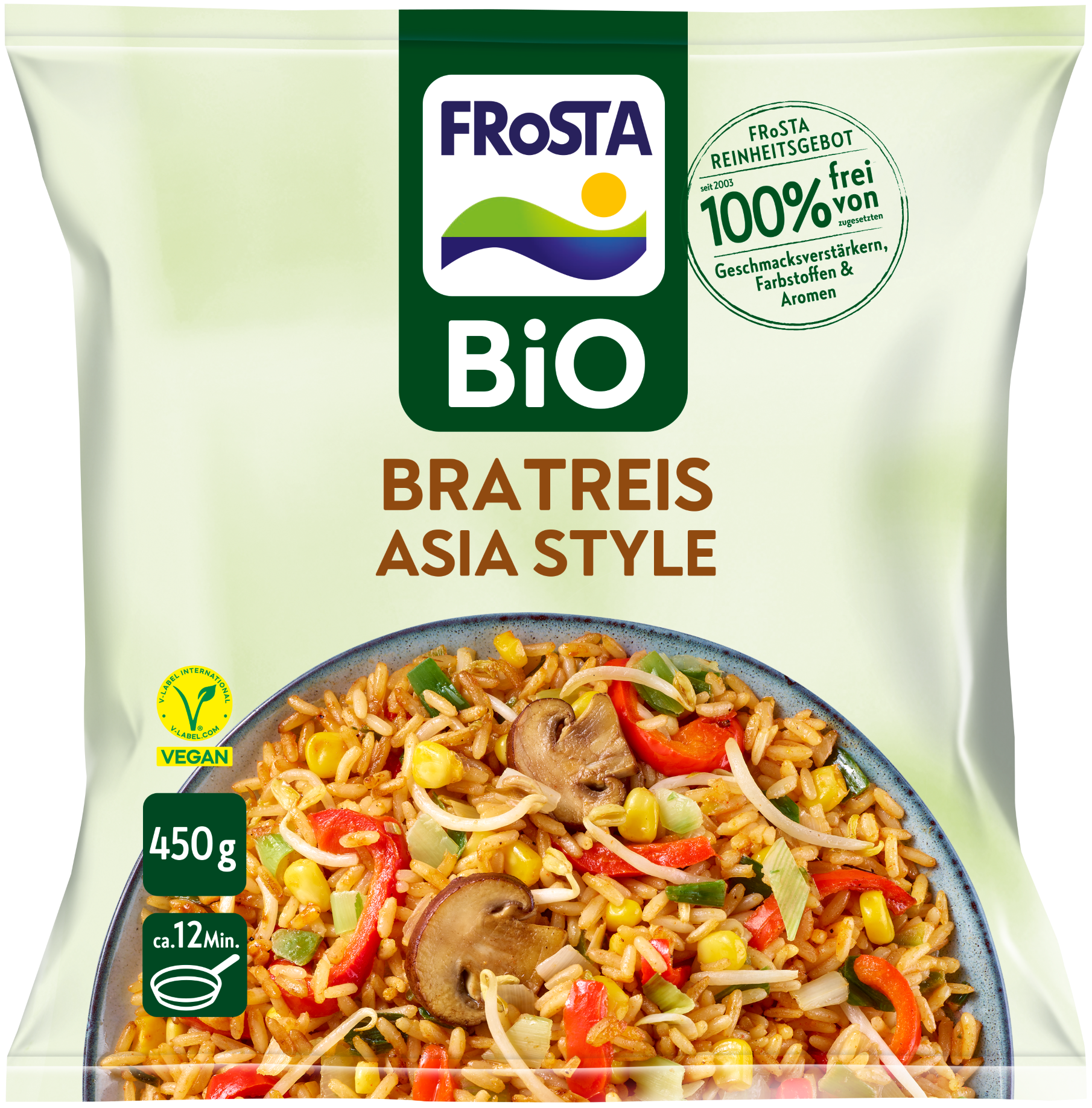 Eine Packung FRoSTA Bio Bratreis Asia Style: vegan, 450g, fertig in etwa 12 Minuten. Bunter gebratener Reis mit Gemüse auf der Verpackung.