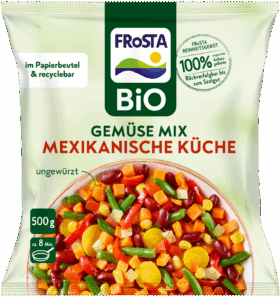 Eine Packung FRoSTA Bio Gemüse Mix Schwedische Küche Tiefkühlgemüse: Bohnen, Mais, Karotten, grüne Bohnen. Ungewürzt, recycelbar, 500g.