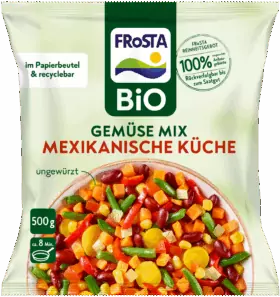 Eine Packung FRoSTA Bio Gemüse Mix Schwedische Küche Tiefkühlgemüse: Bohnen, Mais, Karotten, grüne Bohnen. Ungewürzt, recycelbar, 500g.