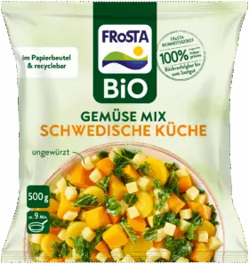 Eine Packung FRoSTA Bio Gemüse Mix Schwedische Küche: Buntes Gemüse (Möhren, Kartoffeln, Grünzeug), ungewürzt, 500g.