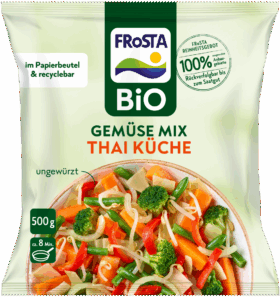 A FRoSTA Bio Gemüse Mix Thai Küche zeigt bunte Gemüsesorten, ist ungewürzt, recycelbar, 500g und in 8 Minuten zubereitet.
