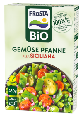 Eine Packung FRoSTA Bio Gemüse Pfanne alla Siciliana: vegan, Bio-Gemüse-Mischung, in nur ca. 8 Minuten fertig vorbereitet.