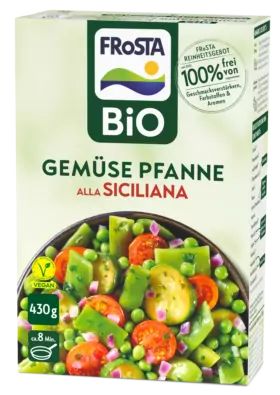 Eine Packung FRoSTA Bio Gemüse Pfanne alla Siciliana: vegan, Bio-Gemüse-Mischung, in nur ca. 8 Minuten fertig vorbereitet.