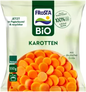 Eine Packung FRoSTA Bio-Tiefkühl-Karotten, 550 g, mit „KAROTTEN“ und Abbildung von Karottenscheiben in recyclebarer Verpackung.