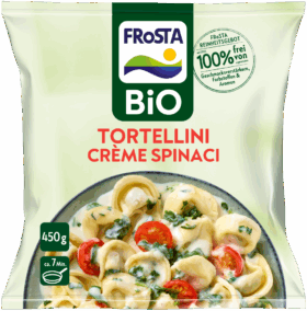 Eine Packung FRoSTA Bio Tortellini Crème Spinaci zeigt Tortellini mit Spinat-Sahnesauce und Tomaten; 450 g, in ca. 7 Minuten zubereitet.