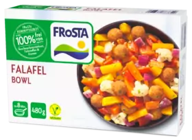 Ein FRoSTA Falafel Bowl Tiefkühlprodukt zeigt knusprige Falafel, buntes Gemüse und das vegane Label – 480g, 8 Minuten, keine Zusatzstoffe.