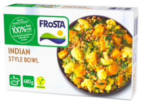 Eine Schachtel FRoSTA Indian Style Bowl Tiefkühlgericht mit Blumenkohl, Spinat, Süßkartoffel; vegan, 100 % natürlich; 480 g.