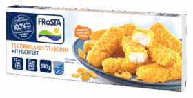 Eine Packung FRoSTA 13 Cornflakes Stäbchen: knusprige Fischstäbchen im Cornflakes-Mantel auf blauem Teller, Produktinfos sichtbar.