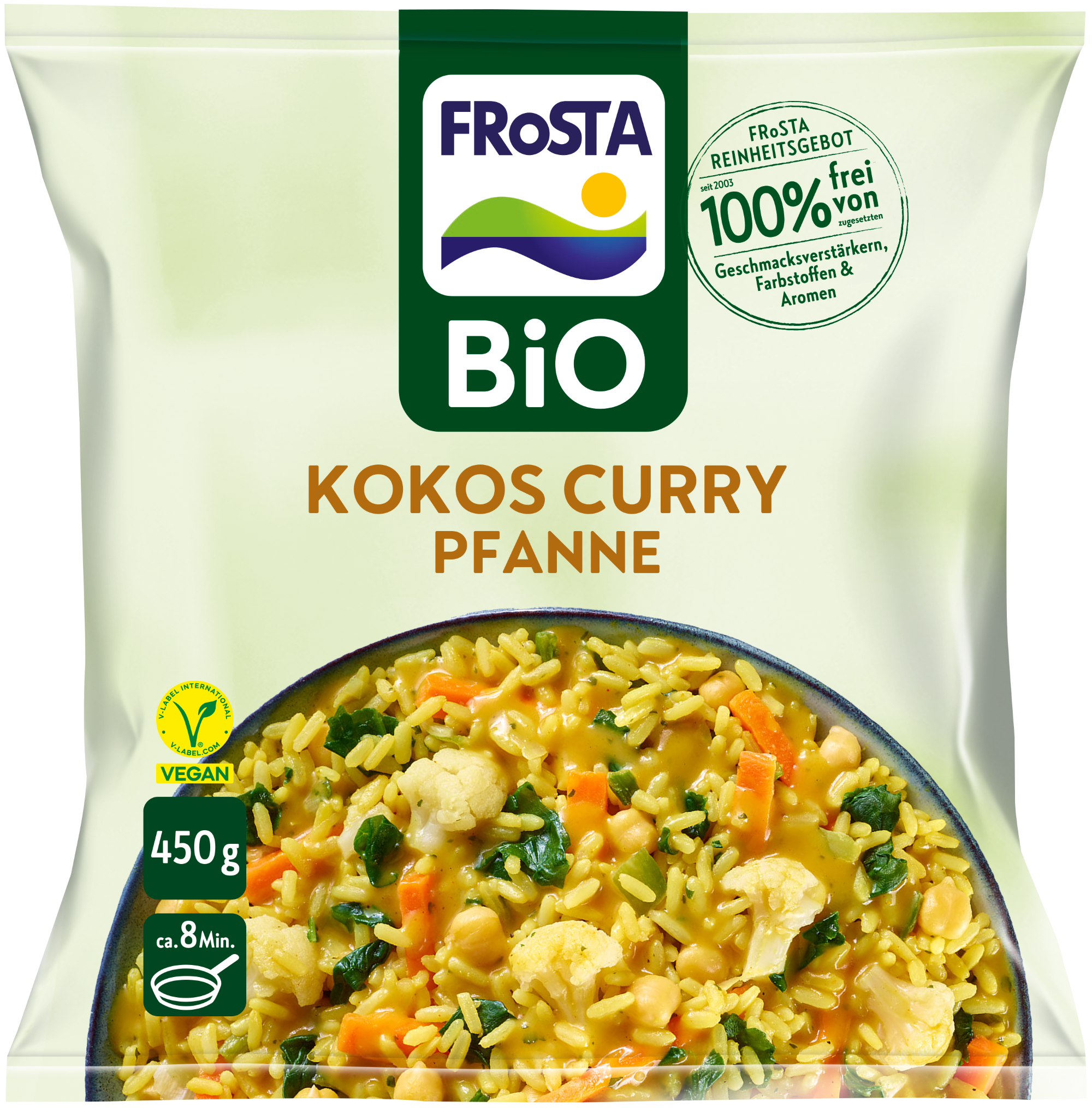 Eine Packung FRoSTA Bio Kokos Curry Pfanne, ein veganes Tiefkühlgericht mit Reis, Gemüse, Kokos-Curry. 450g, vegane Kennzeichnung, 8 min Kochzeit.