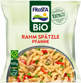 Eine FRoSTA Bio Rahm Spätzle Pfanne zeigt cremige Spätzle mit Erbsen, Pilzen und Paprika: vegetarisch, bio, in 8 Min. servierfertig.
