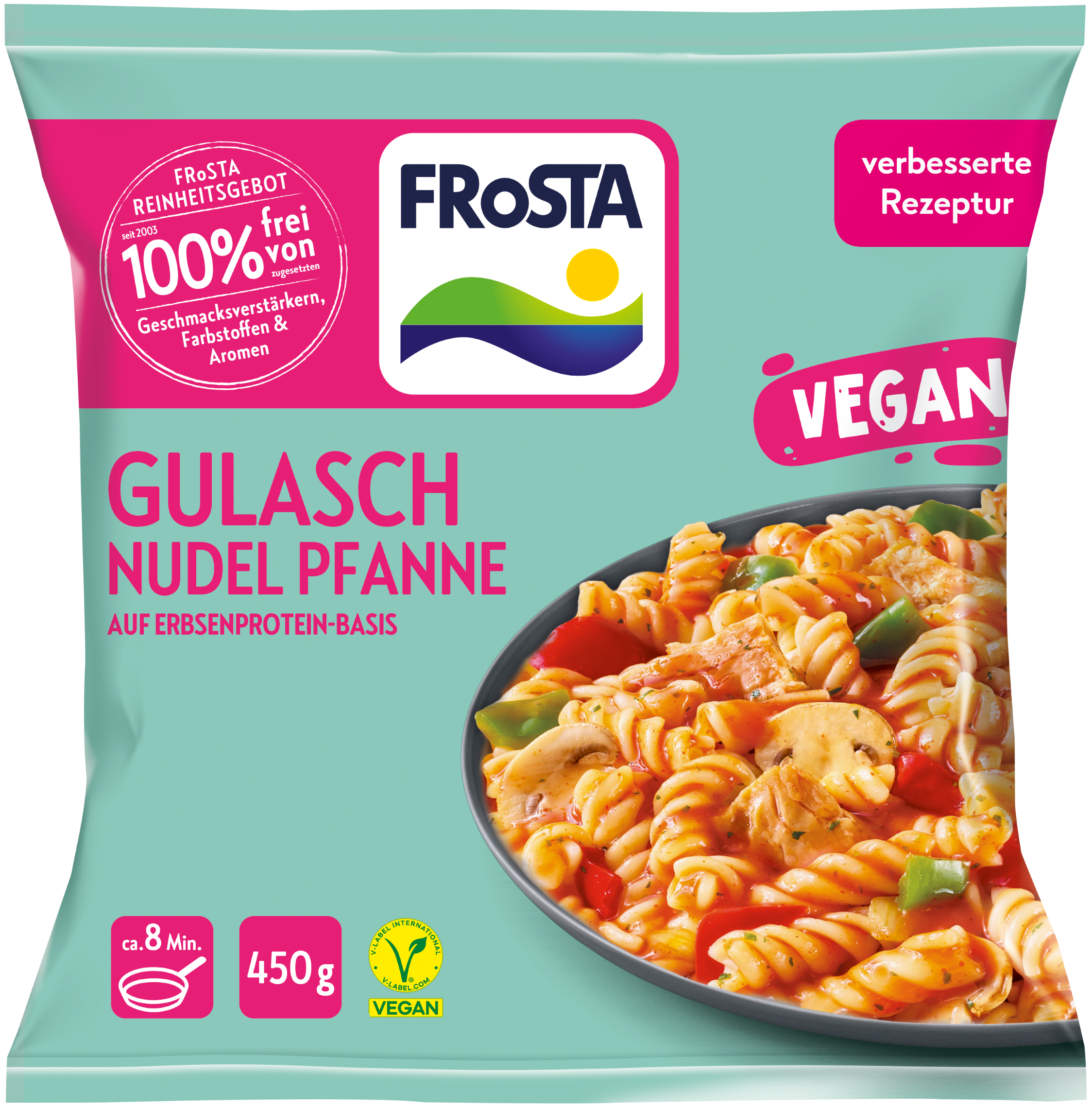 FRoSTA Vegane Gulasch Pfanne Tiefkühlprodukt mit Spiralnudeln, Gemüse, Sauce. Verpackung betont "vegan" und "100% frei von Zusätzen".