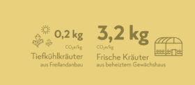 Infografik: FRoSTA Tiefkühlprodukte (Kräuter) aus Freilandanbau verursachen 0,2kg CO2e/kg, frische Kräuter aus Gewächshaus 3,2kg CO2e/kg.
