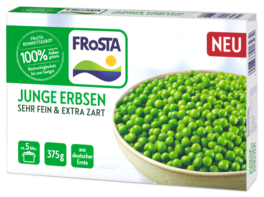 Eine Packung FRoSTA Junge Erbsen Tiefkühlprodukt: 100% Qualität, deutsche Herkunft, 375g, in ca. 5 Min. servierfertig. Schale mit grünen Erbsen abgebildet.