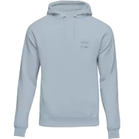 Hellblauer FRoSTA Hoodie Unisex mit Fronttasche und Kordeln. Kleines FRoSTA Logo über einer Welle auf der Brust, Hintergrund weiß.