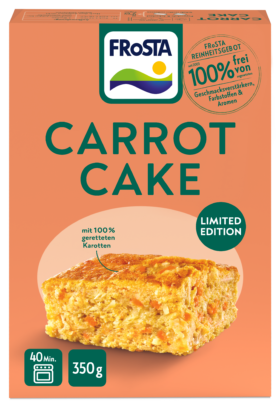 Eine rechteckige orangefarbene Schachtel FRoSTA Karottenkuchen. Limitierte Auflage 350 g, 40 Min. Backzeit, mit geretteten Karotten & ohne Zusatzstoffe – perfekt für Karottenkuchen-Fans!.