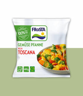 Eine Tüte FRoSTA Gemüse Pfanne Alla Toscana mit buntem Gemüse wie Brokkoli, Karotten und Paprika in einer Schüssel auf der Vorderseite. Die Verpackung betont die natürlichen Zutaten und das Gewicht von 480 g. Dieses FRoSTA Tiefkühlprodukt präsentiert eine Vielfalt an frischem Gemüse und betont die Verwendung ausschließlich natürlicher Zutaten. Damit ist es eine praktische und vollwertige Option aus dem FRoSTA Tiefkühlsortiment.