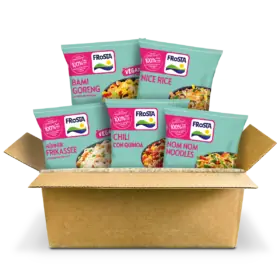 Kartonbox mit fünf FRoSTA-Tiefkühlprodukten, sortiert und in türkisfarbener Verpackung – ideal für Fans der „Vegane Klassiker“-Box.