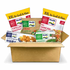 Eine offene Family Box, gefüllt mit FRoSTA Tiefkühlprodukten wie XXL Tortellini, Lieblings Gemüse Mix, Reis Hähnchen Pfanne und Fischstäbchen.