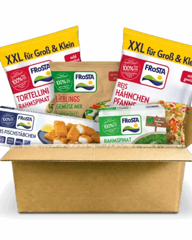 Eine Family Box voller FRoSTA-Tiefkühlprodukte: XXL-Tortellini, Hähnchen, Fischstäbchen, Spinat und Gemüse vor gelbem Hintergrund.