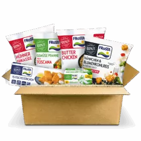 Eine offene Best of FRoSTA Box mit FRoSTA Tiefkühlprodukten wie Butter Chicken, Gemüsepanne, Hähnchen & Fischstäbchen.