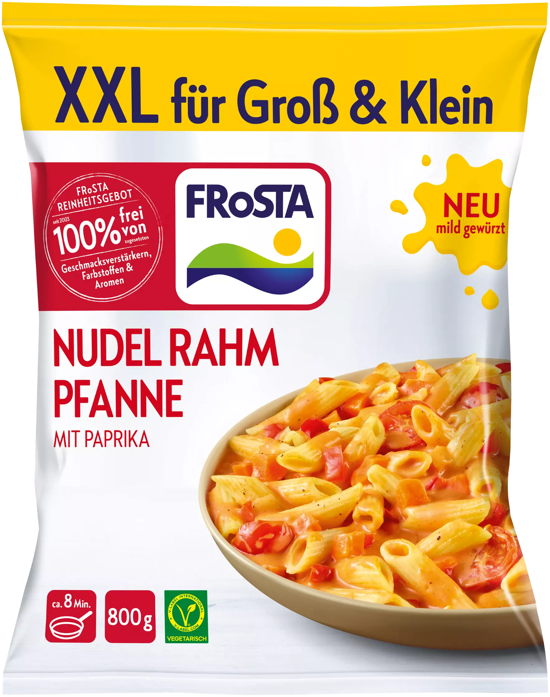 FRoSTA Nudel Rahm Pfanne mit Paprika XXL: Cremige Nudeln, Paprika, vegetarisch, 800g, ohne Zusatz von Geschmacksverstärkern.